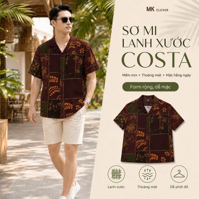 Áo Sơ Mi Cuban nam Costa MKCLEVER chất vải lanh xước mềm mịn, thoáng mát, thấm hút, chống nhăn, form rộng mặc hằng ngày