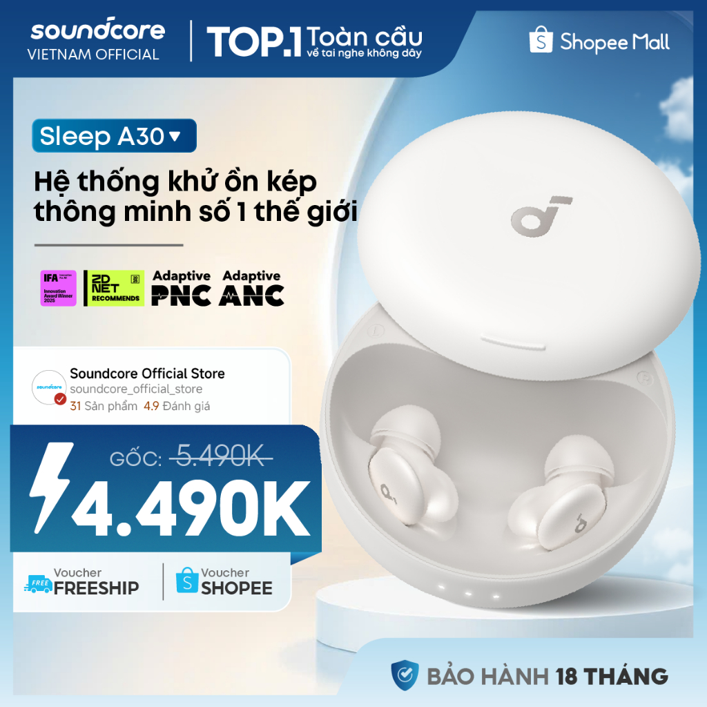 Tai nghe ngủ Soundcore Sleep A30 |Theo dõi giấc ngủ | Làm dịu tiếng ngáy | Âm thanh sóng não AI