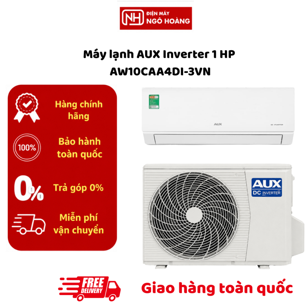 AW10CAA4DI-3VN - Máy Lạnh AUX Inverter 1HP AW10CAA4DI-3VN 9000BTU Tiết Kiệm Điện Làm Lạnh Nhanh Vận 