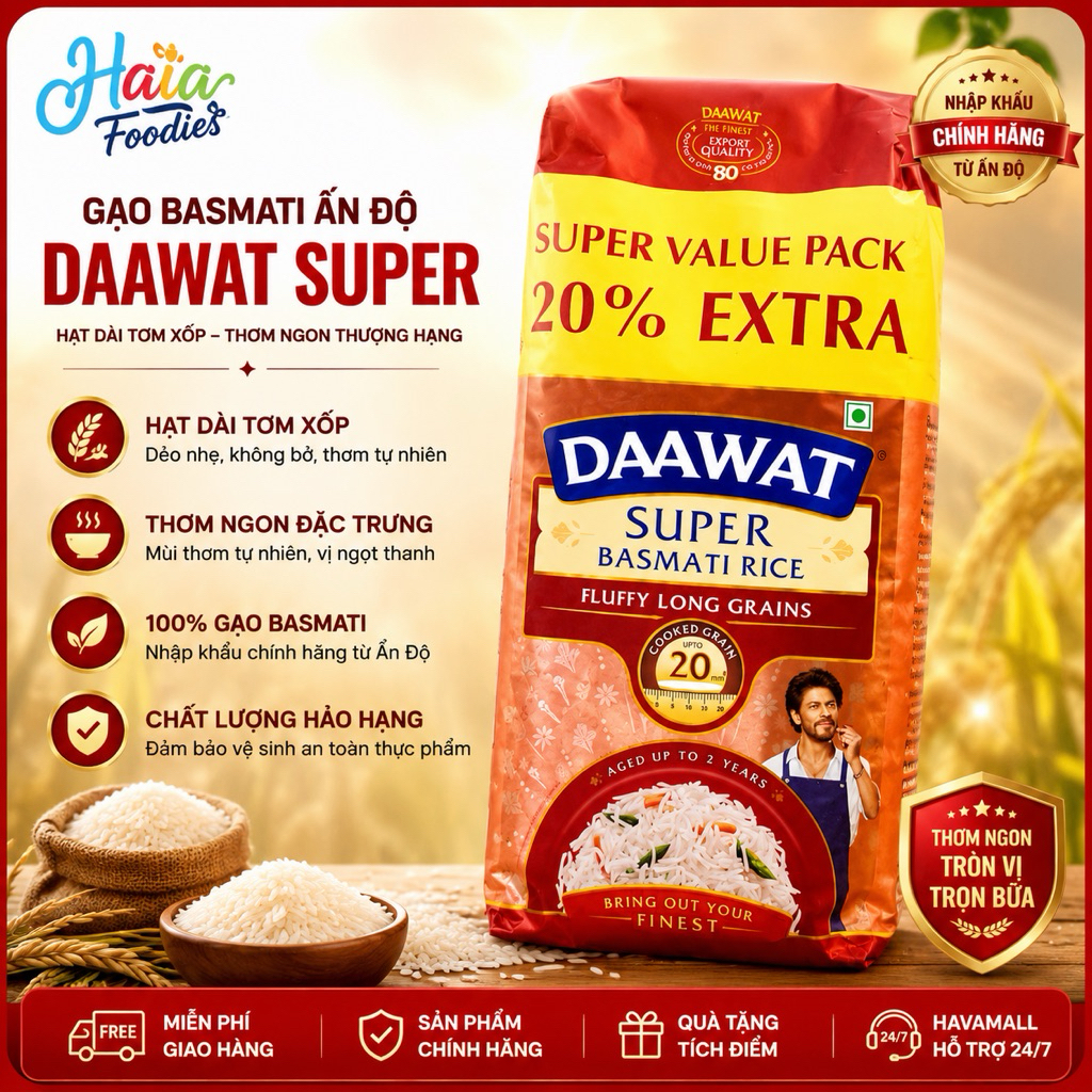 Gạo Basmati Cao Cấp Nhập Khẩu Ấn Độ Gói 1kg – India Gate Pure Basmati Rice Super
