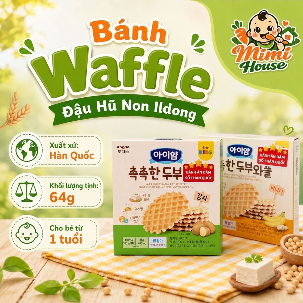 [Date 2027] Bánh đậu hũ non Waffle Ildong Hàn 64g cho bé 12m+