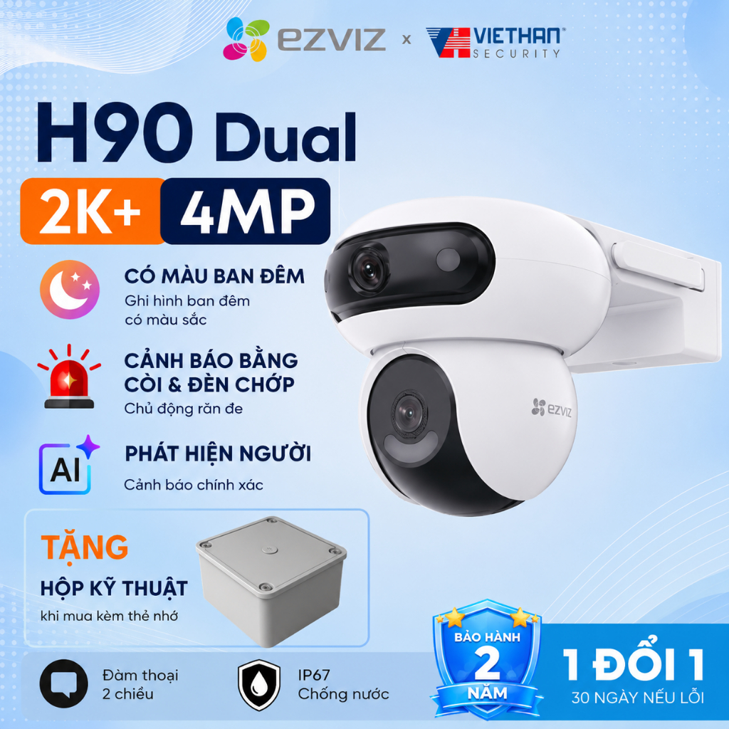 Camera Wifi 2 Mắt Ngoài Trời EZVIZ H90 Dual 2K+ (4MP + 4MP)  Xoay 360 Độ, Đàm Thoại 2 Chiều, Có Màu 