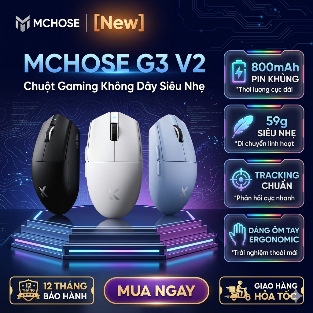 [New] Chuột Gaming Không Dây Mchose G3 V2 - Tracking Chuẩn, Pin 800mAh, Siêu Nhẹ, Ôm Tay , BH 12TH