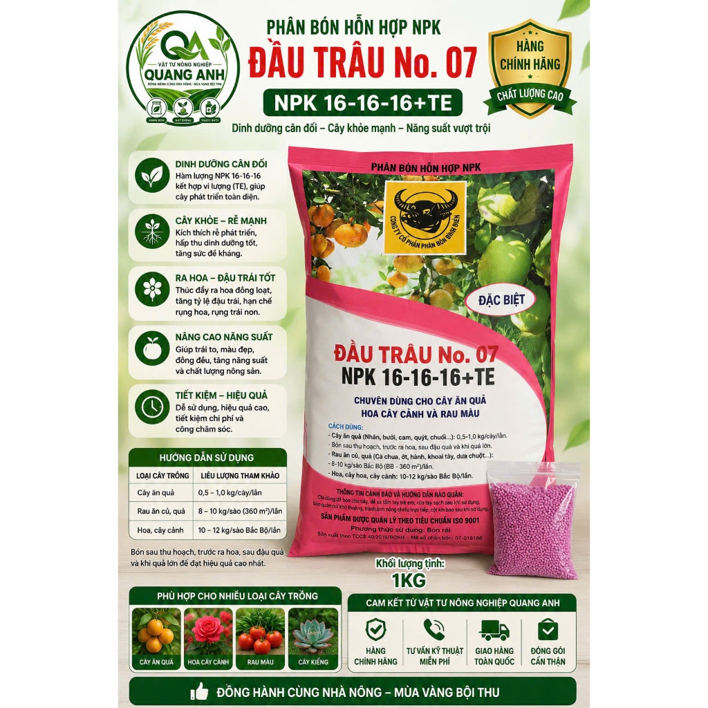 PHÂN BÓN ĐẦU TRÂU NPK 16-16-16+TE GÓI 1KG – CÂN ĐỐI DINH DƯỠNG, CÂY KHỎE MẠNH, RA HOA ĐẬU TRÁI TỐT
