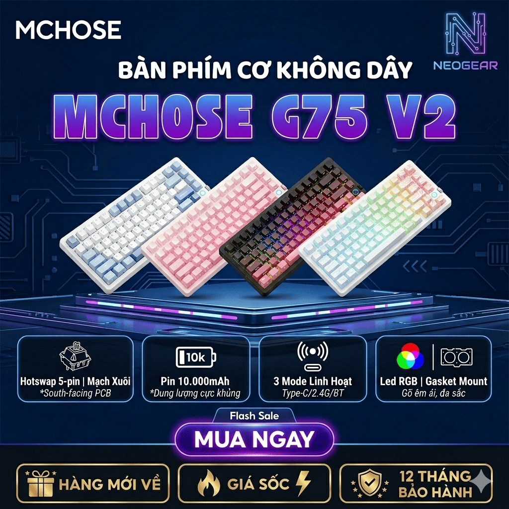 [⚡Cực Khủng] Bàn Phím Cơ Gaming Không Dây Mchose G75 Pro V2 -Hotswap | Pin 8000mAh | FullFoam Gasket