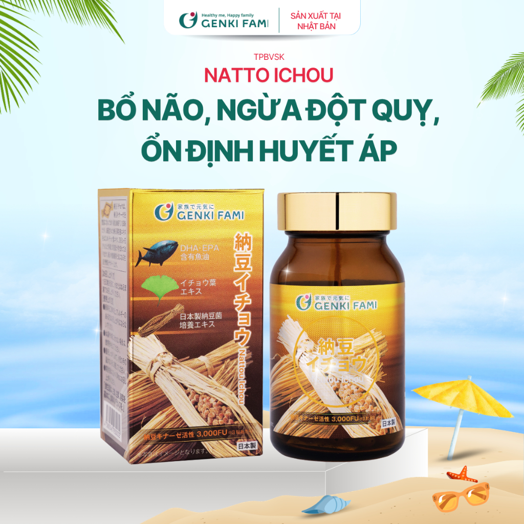 TPBVSK Viên Uống Phòng Ngừa Đột Quỵ, Bổ Não Nattokinase 3000FU Natto Ichou Genki Fami Nhật Bản Hộp 9