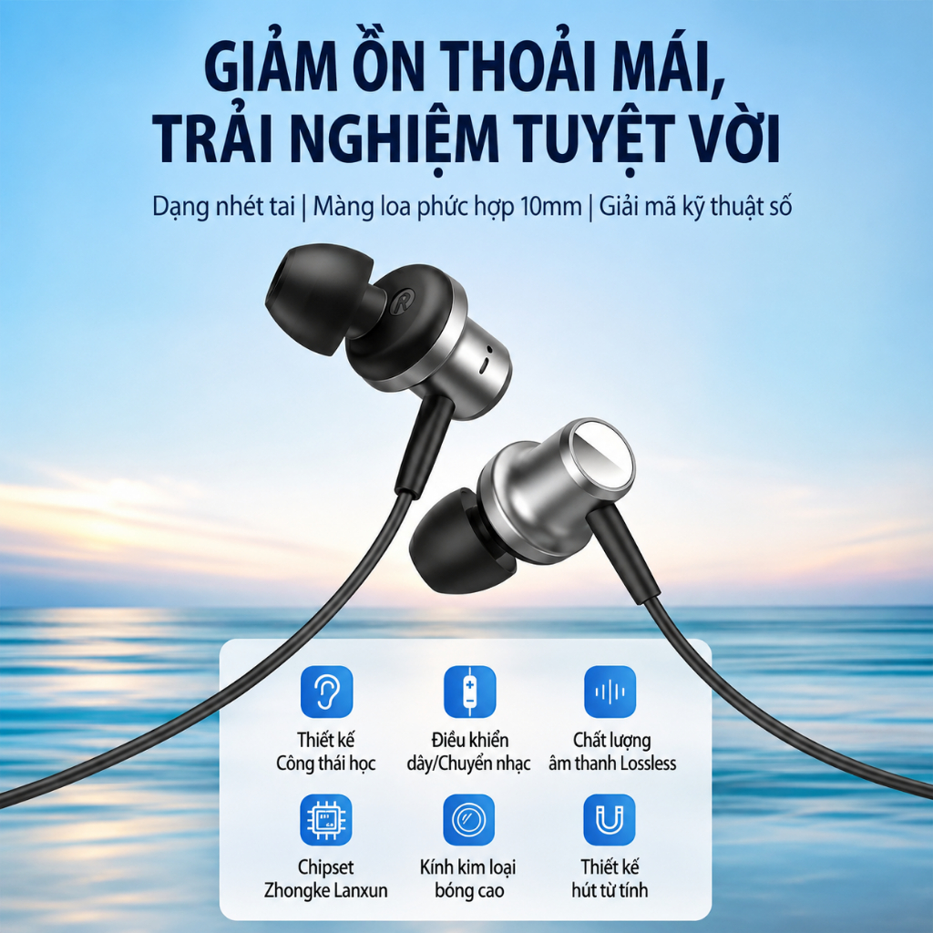 Tai nghe 3.5mm TRIPMATE H02, Âm Thanh Sống Động, Mic Đàm Thoại Rõ Nét, Thiết Kế Hút Từ Chống Rối | BigBuy360 - bigbuy360.vn