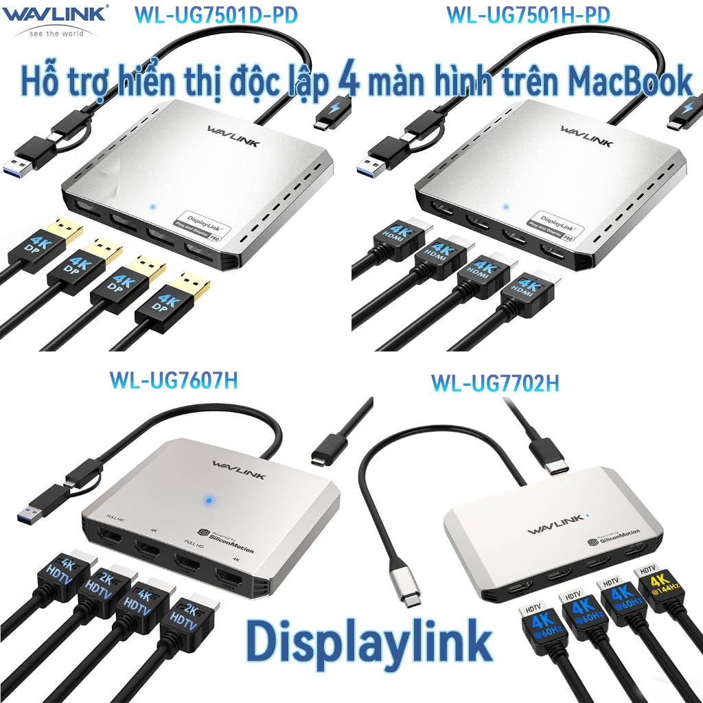 Bộ chia màn hình Wavlink 4 màn hình, hỗ trợ 4K/8K/2K 144/120/60/30Hz chip Displaylink DL7400 cổng DP