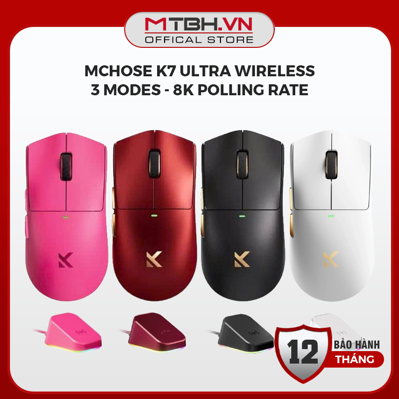 Chuột Máy Tính MCHOSE K7 Ultra Black Wireless - 3 Chế Độ Kết Nối, Siêu Nhẹ, Polling Rate 8K Khủng