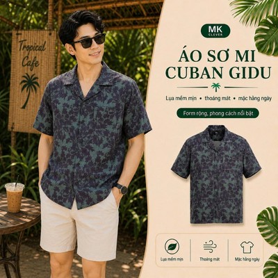 Áo Sơ Mi Cuban nam Gidu MKCLEVER chất lụa mềm mịn, thoáng mát, thấm hút, chống nhăn, form rộng