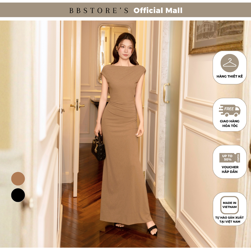 BBSTORE'S Đầm body tiệc thun dài cổ thuyền xếp nhún sườn - DAF04T