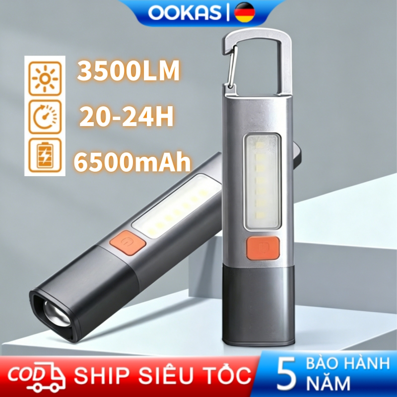 OOKAS 6500mAh Đèn Pin LED Siêu Sáng Chống Thấm Nước Kèm Móc Tiện Dụng , chống thấm nước, tiện dụng d