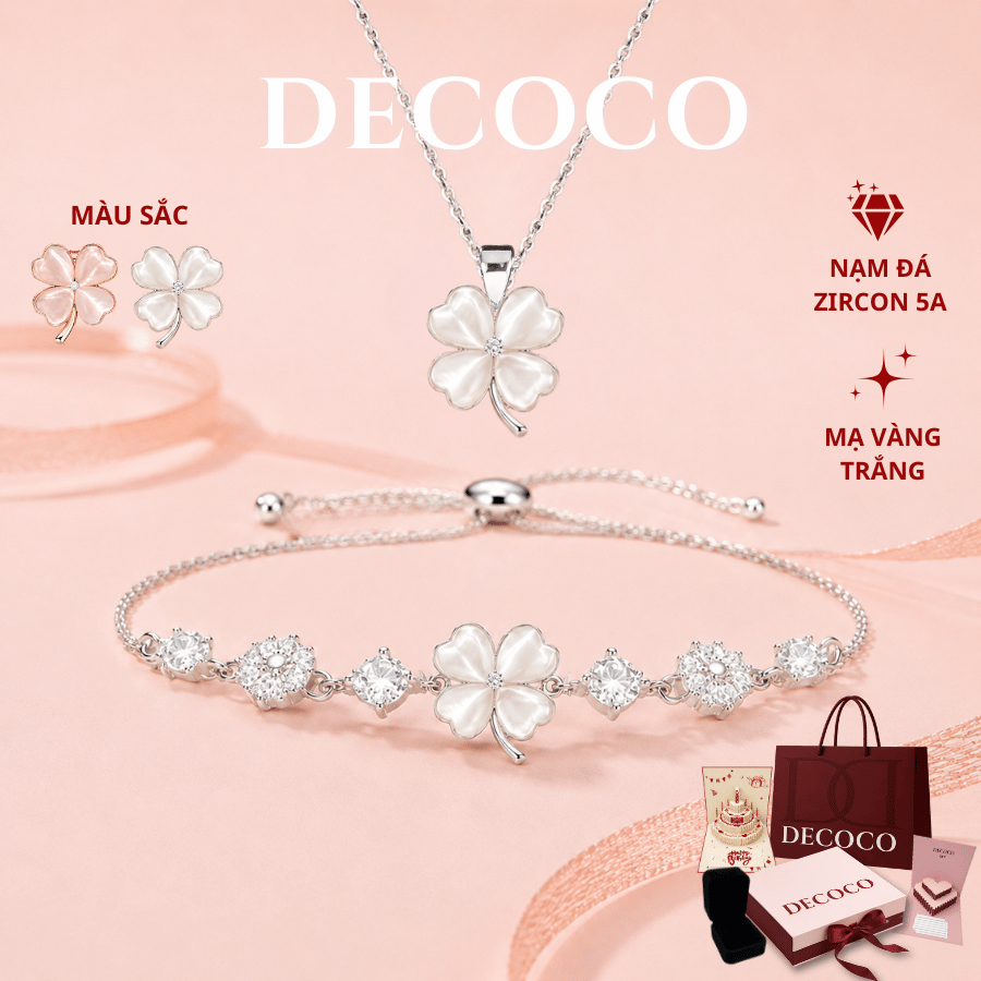 Set vòng cổ & vòng tay BLESS cỏ 4 lá hoa mai đính đá DECOCO ACC  ( kèm Túi giấy + Hộp + Thiệp ) | BigBuy360 - bigbuy360.vn