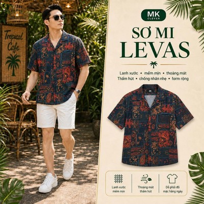 Áo Sơ Mi Cuban nam Levas MKCLEVER chất vải lanh xước mềm mịn, thoáng mát, thấm hút, chống nhăn, form rộng mặc hằng ngày