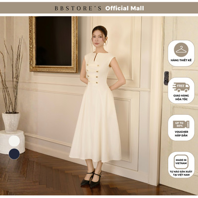 BBSTORE'S Đầm xòe công sở cotton dài dáng A xoè, cổ thuyền V - DAF23B