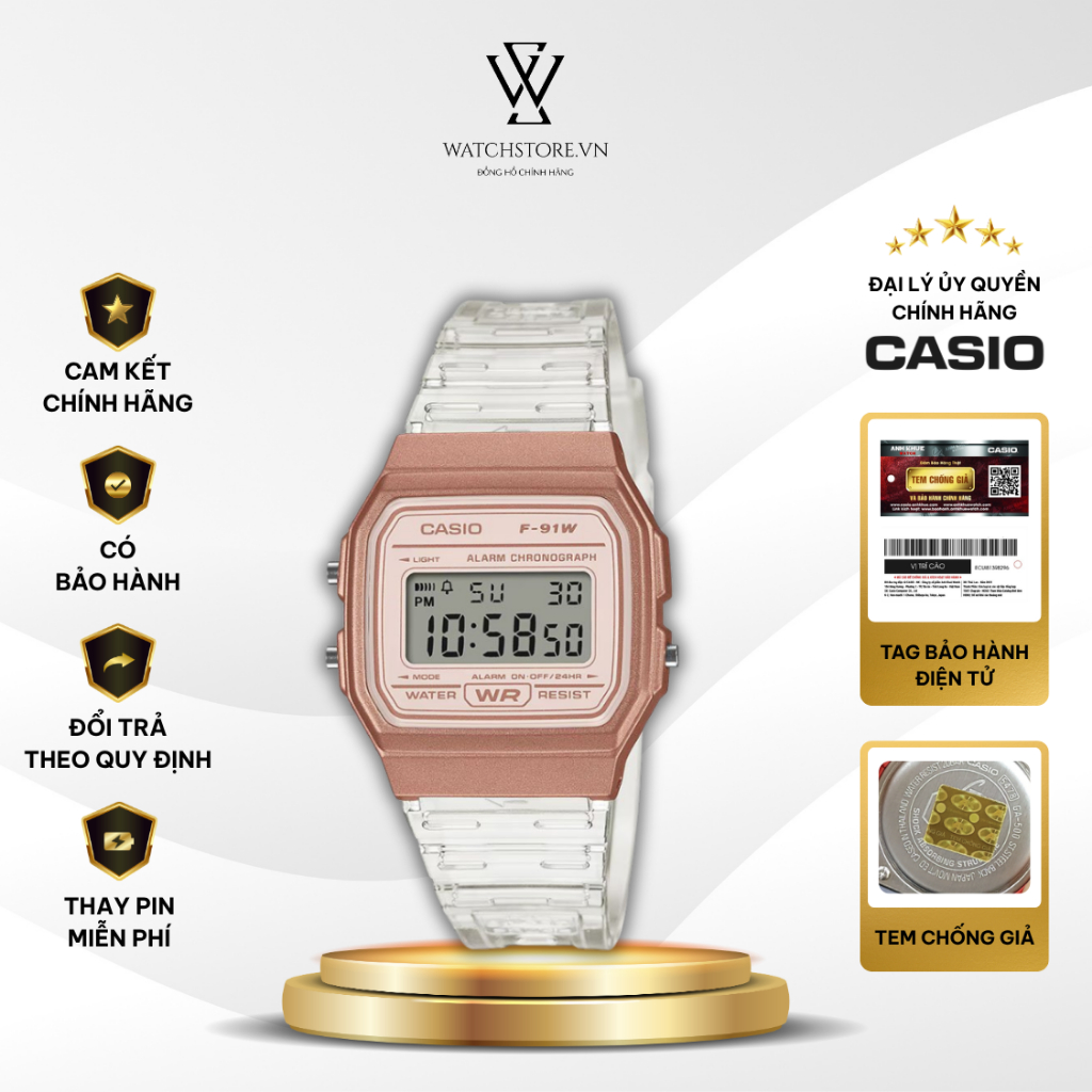 Đồng Hồ Casio Chính Hãng F-91WS-7A3DF Mặt Kính Nhựa 35.2mm Kháng Nước 3ATM Dây Nhựa Trong