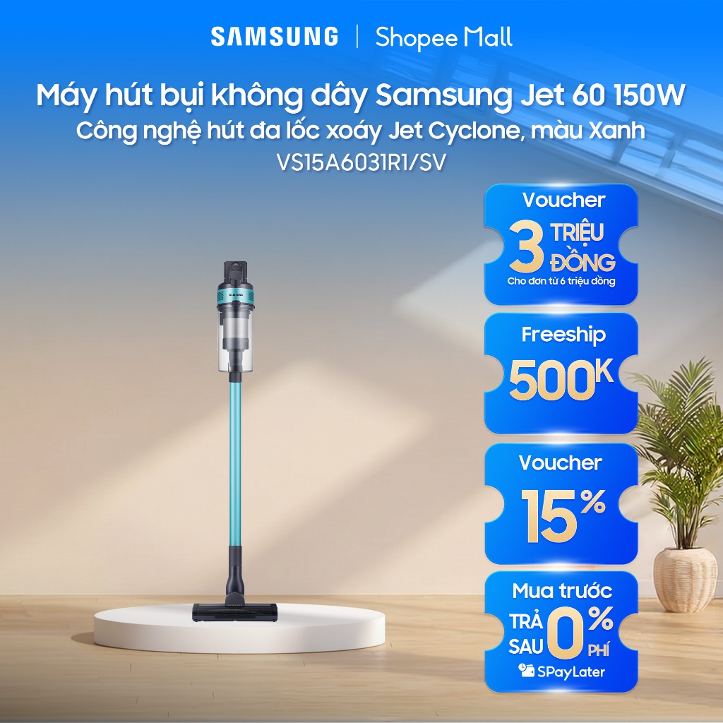 Máy hút bụi không dây Samsung Jet 60 150W VS15A6031R1 - Công nghệ hút đa lốc xoáy Jet Cyclone, màu Xanh