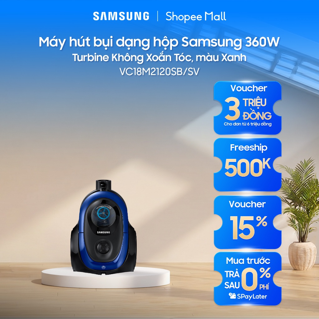 Máy hút bụi dạng hộp Samsung 360W VC18M2120SB/SV - Turbine Không Xoắn Tóc, màu Xanh