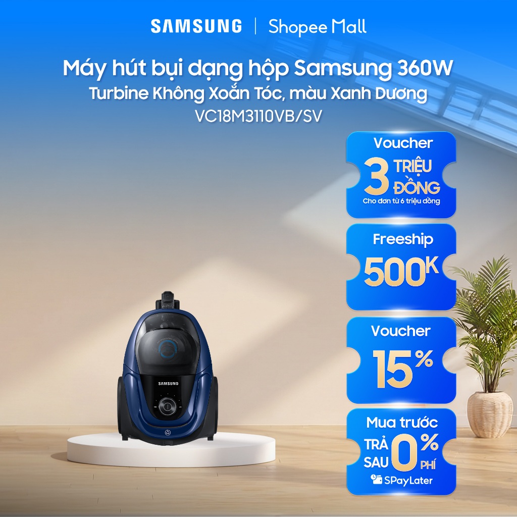 Máy hút bụi dạng hộp Samsung 360W VC18M3110VB/SV - Turbine Không Xoắn Tóc, màu Xanh Dương