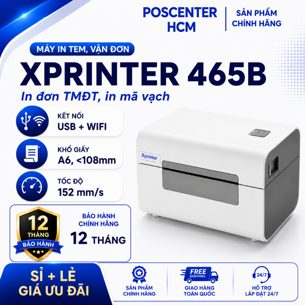 Máy In Nhiệt Xprinter XP-D465B(USB + WiFi) Chuyên In Đơn TMĐT, Tem Mã Vạch Từ Điện Thoại Và Máy Tính