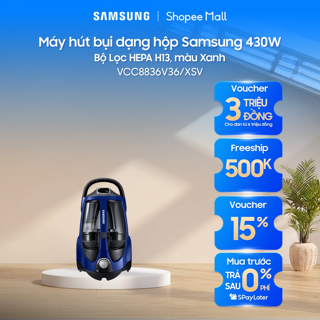 Máy hút bụi dạng hộp Samsung 430W VCC8836V36/XSV - Bộ Lọc HEPA H13,  màu Xanh