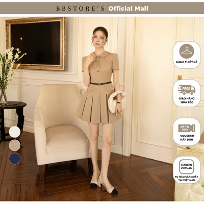BBSTORE'S Đầm xòe công sở cotton ngắn dáng A, cổ sen, tay ngắn - DAF22A