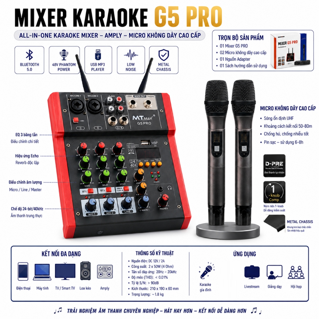 Mixer Tặng Kèm Micro G5 Pro, Bluetooth 5.0, Karaoke Gia Đình,Dùng Cho Loa Kéo, Loa Hơi, Loa Ô tô, Li