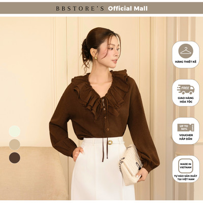 BBSTORE'S Áo kiểu công sở Linen cổ V phối bèo tay dài dáng rộng vừa - AAF24T