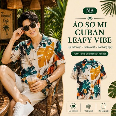 Áo Sơ Mi Cuban nam Leafy Vibe MKCLEVER Chất lụa mềm mịn, thoáng mát, chống nhăn, form rộng mặc hằng ngày