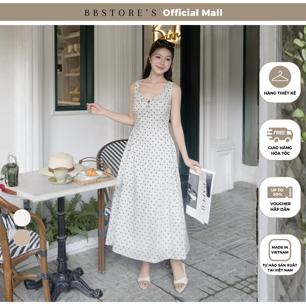 BBSTORE'S Đầm 2 dây dạo phố Linen xoè, cổ tim viền ren - DAF41B