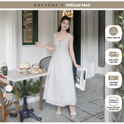 BBSTORE'S Đầm 2 dây dạo phố Linen xoè, cổ tim viền ren - DAF41B