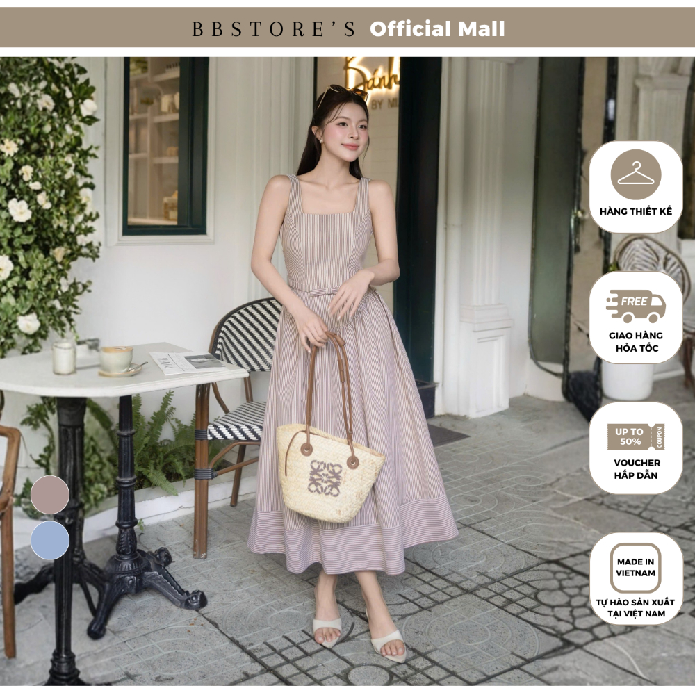 BBSTORE'S Đầm 2 dây dạo phố Linen dài sọc, cổ vuông tùng nhún phồng - DAF43A