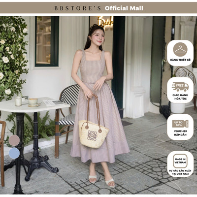 BBSTORE'S Đầm 2 dây dạo phố Linen dài sọc, cổ vuông tùng nhún phồng - DAF43A