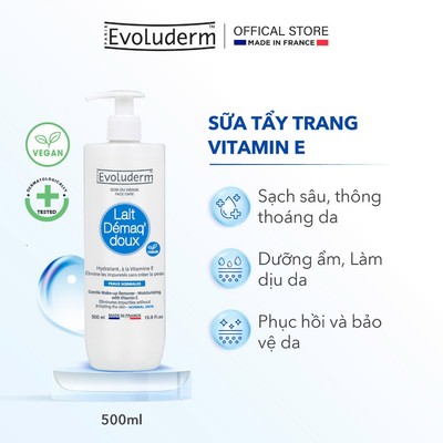 [LIVE] Sữa tẩy trang EVOLUDERM GENTLE MAKE-UP REMOVER - MOISTURIZING, WITH VITAMIN E - NORMAL SKIN 500ml