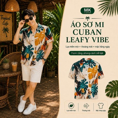 Áo Sơ Mi nam Leafy Vibe MKCLEVER Chất lụa mềm mịn, thoáng mát, chống nhăn, form rộng mặc hằng ngày