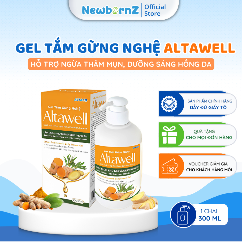Gel Tắm Gừng Nghệ Altawell - Hỗ trợ Ngừa Thâm Mụn, Hạn Chế Mụn Cơ Thể, Dưỡng Sáng Hồng Da