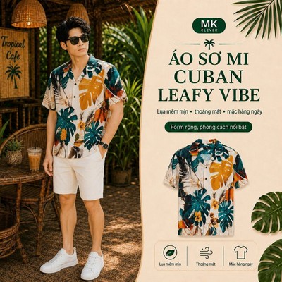 Áo Sơ Mi nam Cuban Leafy Vibe MKCLEVER Chất lụa mềm mịn, thoáng mát, chống nhăn, form rộng mặc hằng ngày