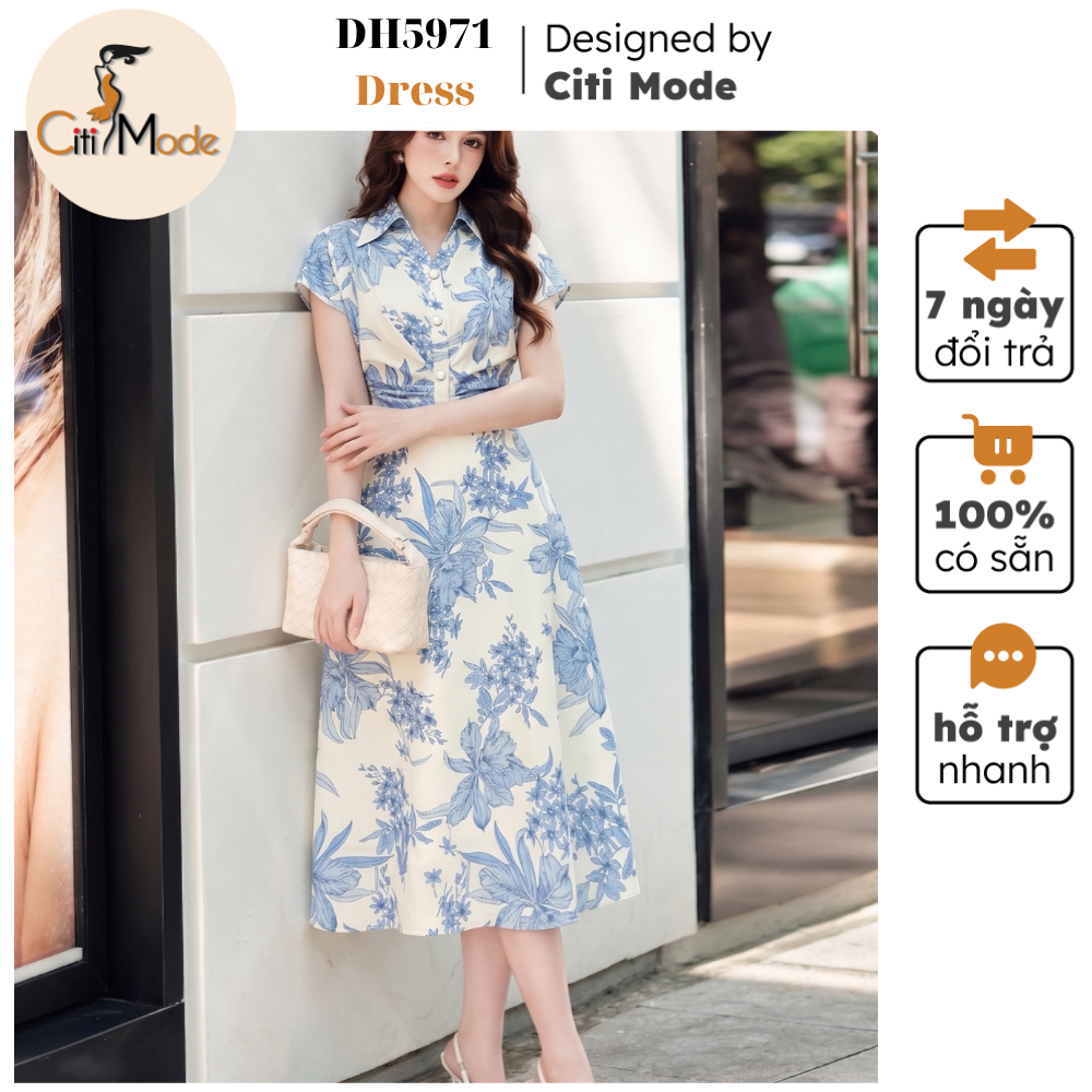 Đầm công sở CITI MODE FASHION thiết kế Đầm xòe hoa xanh cổ đức nhún eo DH5971