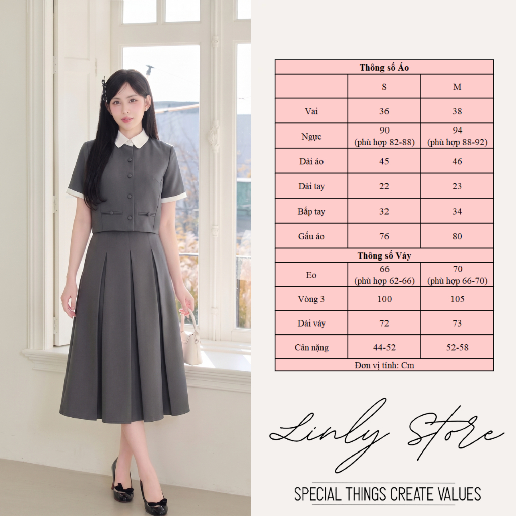 Set công sở nữ áo cổ trắng tay ngắn phối chân váy dài xếp ly thanh lịch Linly Store | BigBuy360 - bigbuy360.vn