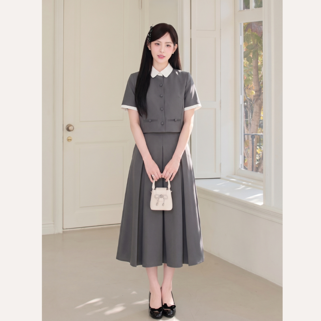 Set công sở nữ áo cổ trắng tay ngắn phối chân váy dài xếp ly thanh lịch Linly Store | BigBuy360 - bigbuy360.vn