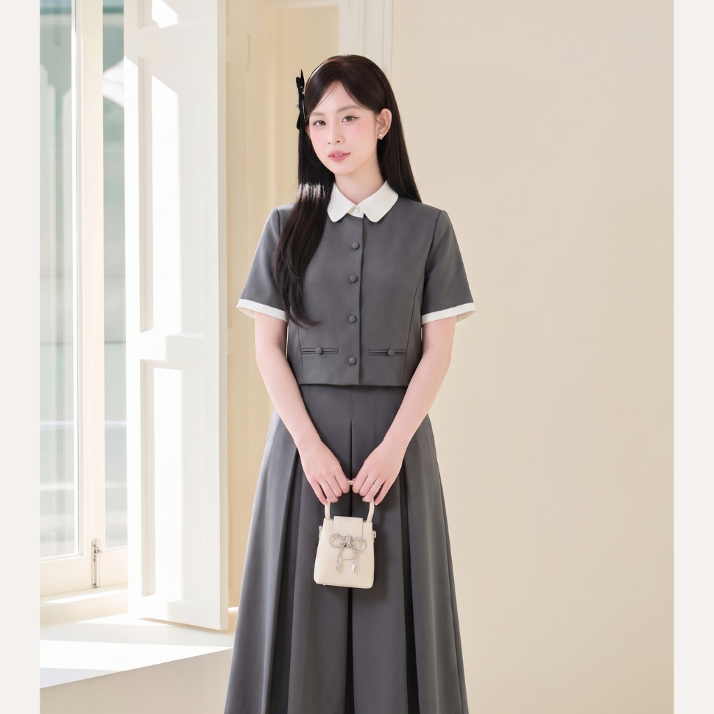 Set công sở nữ áo cổ trắng tay ngắn phối chân váy dài xếp ly thanh lịch Linly Store | BigBuy360 - bigbuy360.vn