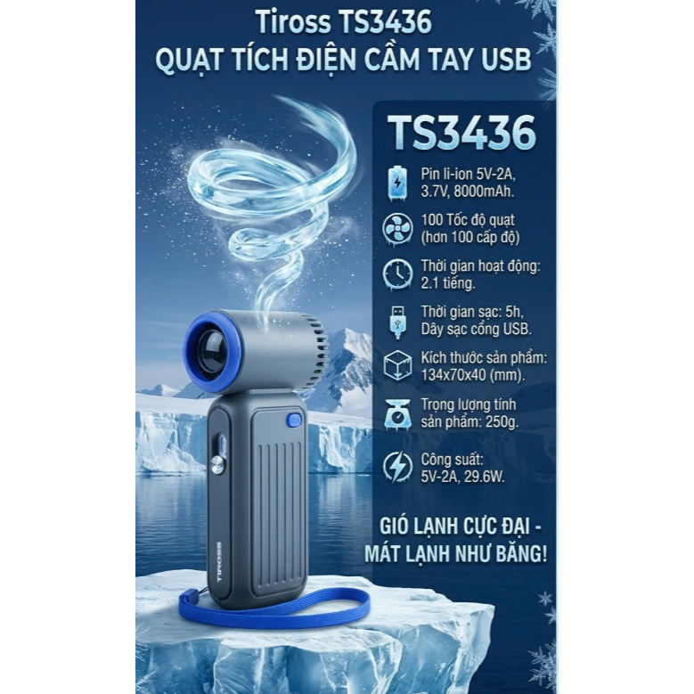 Quạt sạc cầm tay pin trâu tiross TS3436 (8000mAh)