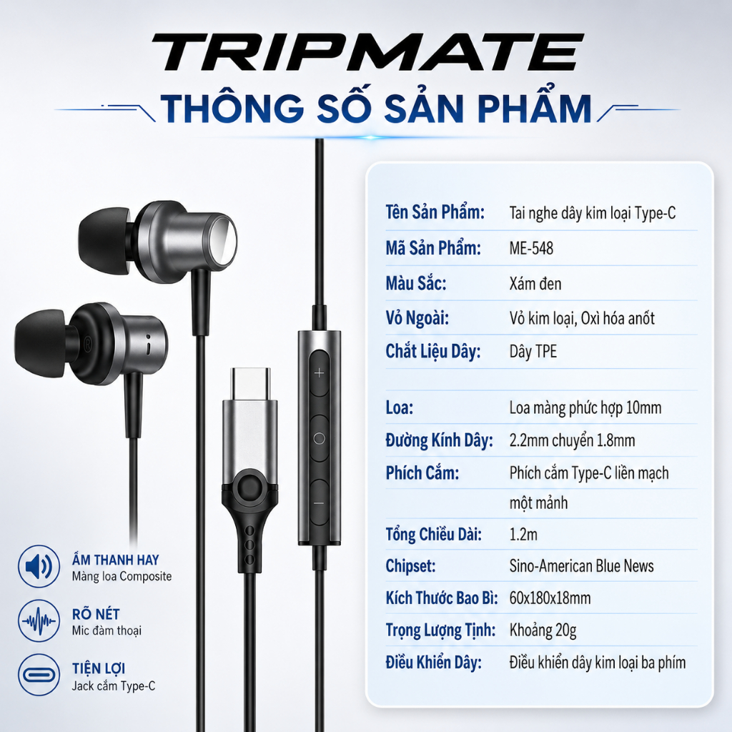 Tai Nghe Có Dây TRIPMATE C02 Jack Type C, Âm Thanh HIFI Sống Động, Mic Đàm Thoại Rõ Nét, Chống Rối | BigBuy360 - bigbuy360.vn