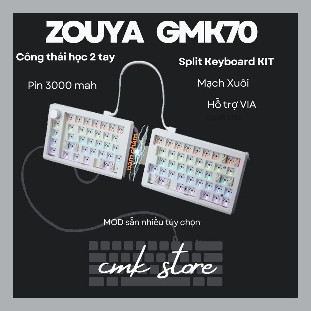 KIT Custom - Split Keyboard Zouya GMK70 - Công thái học 2 tay - 3 Mode - Plate PC - VIA [BUILD Full 