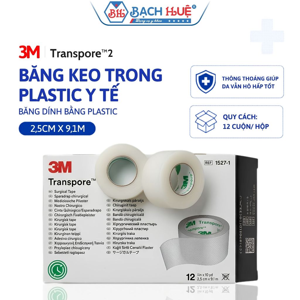 Cuộn Băng Keo Y Tế 3M Transpore 1527-1 – băng dính y tế plastic trong suốt 2.5cm x 9.1m