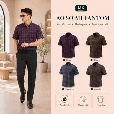 Áo Sơ Mi nam kẻ Fantom MKCLEVER Chất kẻ lạnh Hàn mềm mịn, thoáng mát, chống nhăn, form rộng mặc hằng ngày