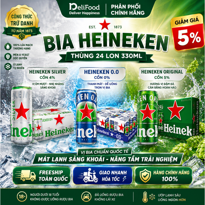 Bia Heineken thùng 24 lon 330ml - Heineken 5% & Heineken Silver 4%, êm mượt, dễ uống, có VAT