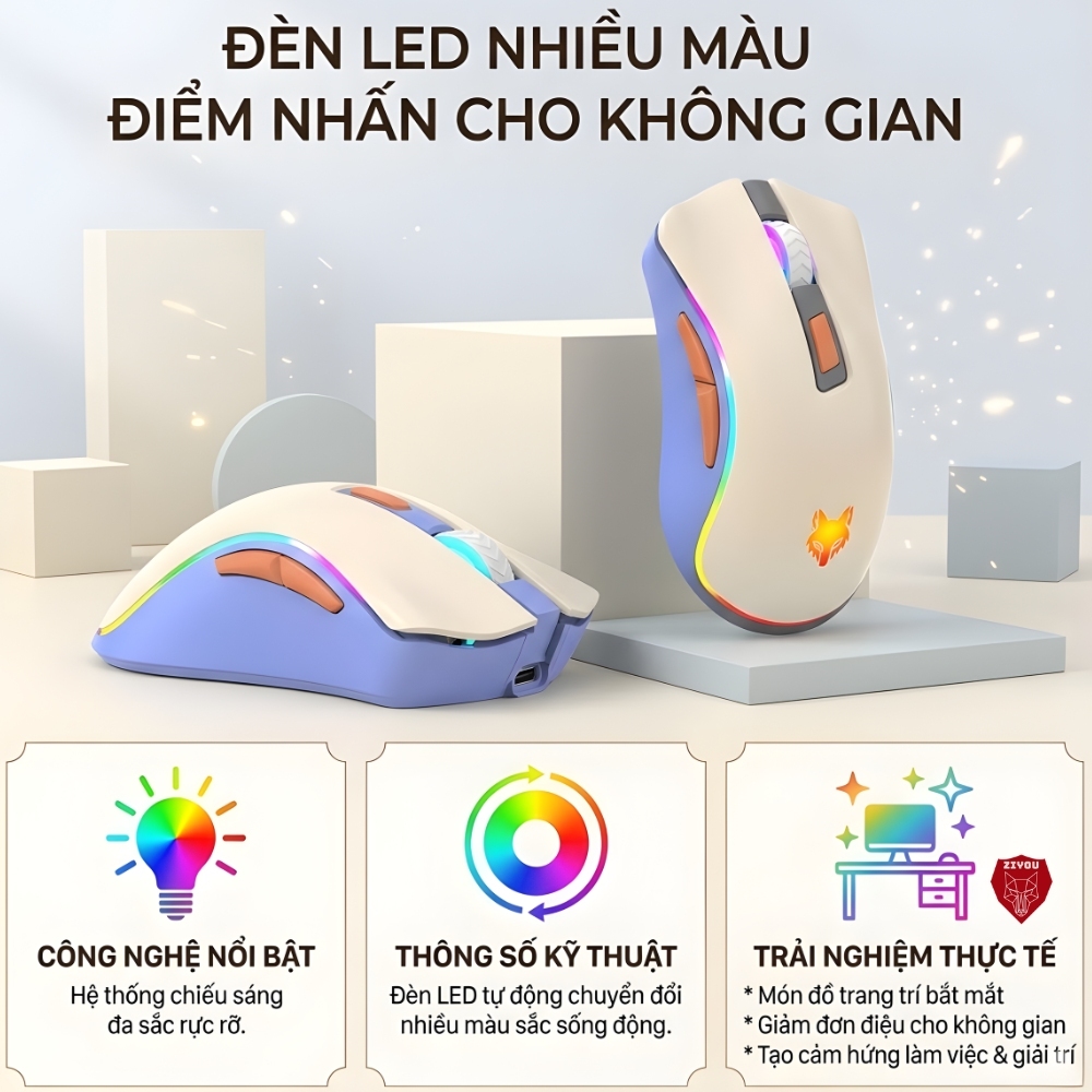 Chuột Không Dây Gaming Led PRO Ziyou H52 Công Thái Học Bluetooth 5.1 và USB 2.4G Pin Sạc 20 Ngày | BigBuy360 - bigbuy360.vn