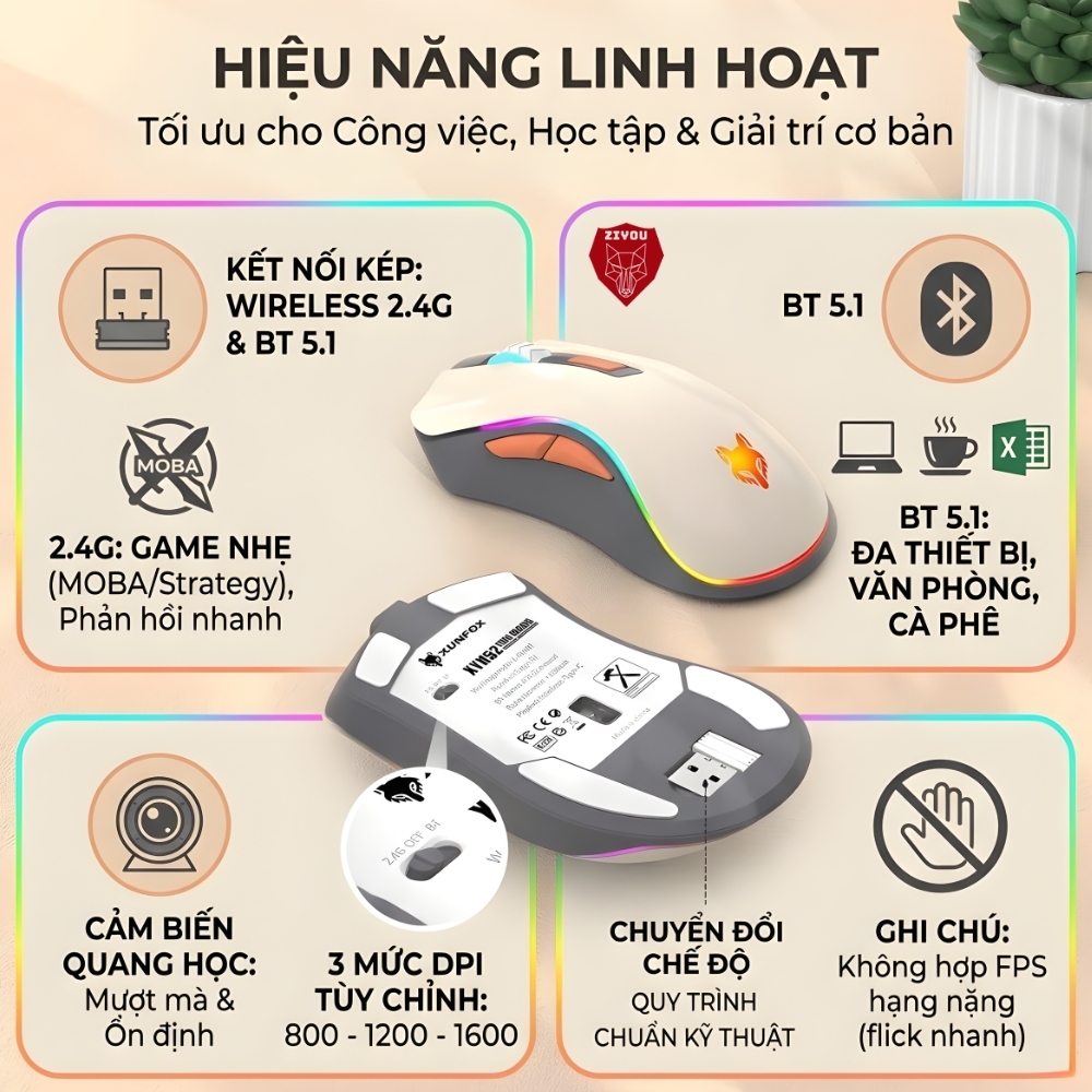 Chuột Không Dây Gaming Led PRO Ziyou H52 Công Thái Học Bluetooth 5.1 và USB 2.4G Pin Sạc 20 Ngày | BigBuy360 - bigbuy360.vn