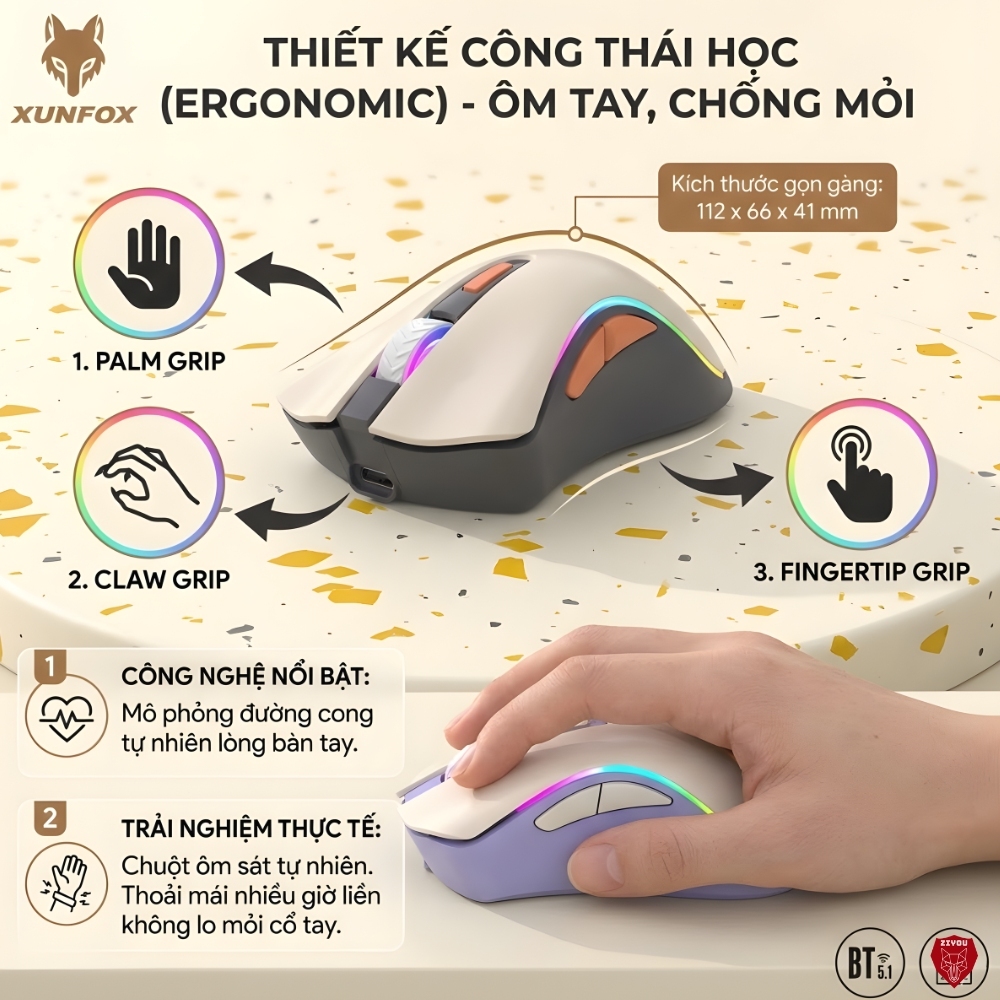 Chuột Không Dây Gaming Led PRO Ziyou H52 Công Thái Học Bluetooth 5.1 và USB 2.4G Pin Sạc 20 Ngày | BigBuy360 - bigbuy360.vn